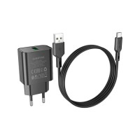 Зарядний пристрій BOROFONE BA72A Spring USB QC3.0 + cable USB to USB-C 18W Black (6974443388589)