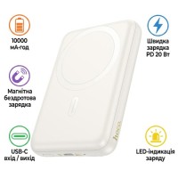 Батарея універсальна HOCO 10000mAh Grace PD/20W Magnetic White (J141 / 714985)