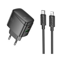 Зарядний пристрій HOCO CS61A Bright 1xUSB-C PD30W + 1xUSB QC3.0 + cable USB-C to Lightning Black (6942007638432)