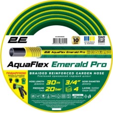 Шланг для поливу 2E AquaFlex Emerald Pro, 3/4", 30м, 4 шари, 20бар, -10…+60°C, зрошувач, 2 конектори, адаптер (2E-GHE34ED30)