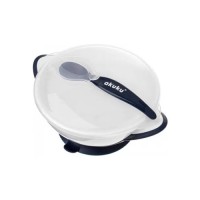Набір дитячого посуду Akuku тарілка на присосці з ложкою, білий-синій (A0503)
