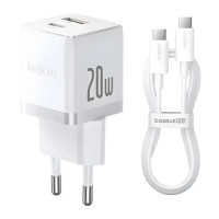 Зарядний пристрій Baseus 1xUSB-C 20W + 1xUSB white + cable USB-C to USB-C 60W 1.0m (P10111608213-01)