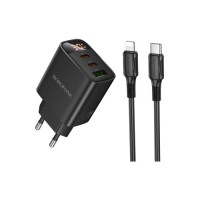Зарядний пристрій BOROFONE BA98A Ilustre 2xUSB-C + 1xUSB-A PD30W digital display + cable USB-C to Lightning Black (6941991120527)